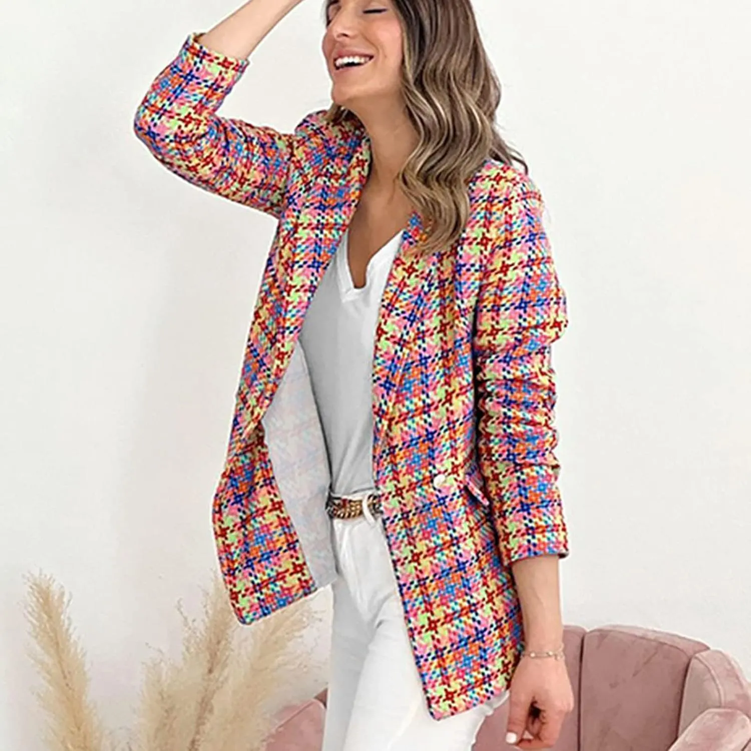 Women Casual Blazer Jacket Twill Plaid Blazers Long Sleeve Double Breasted Open Front Colorful Office Work Clothes