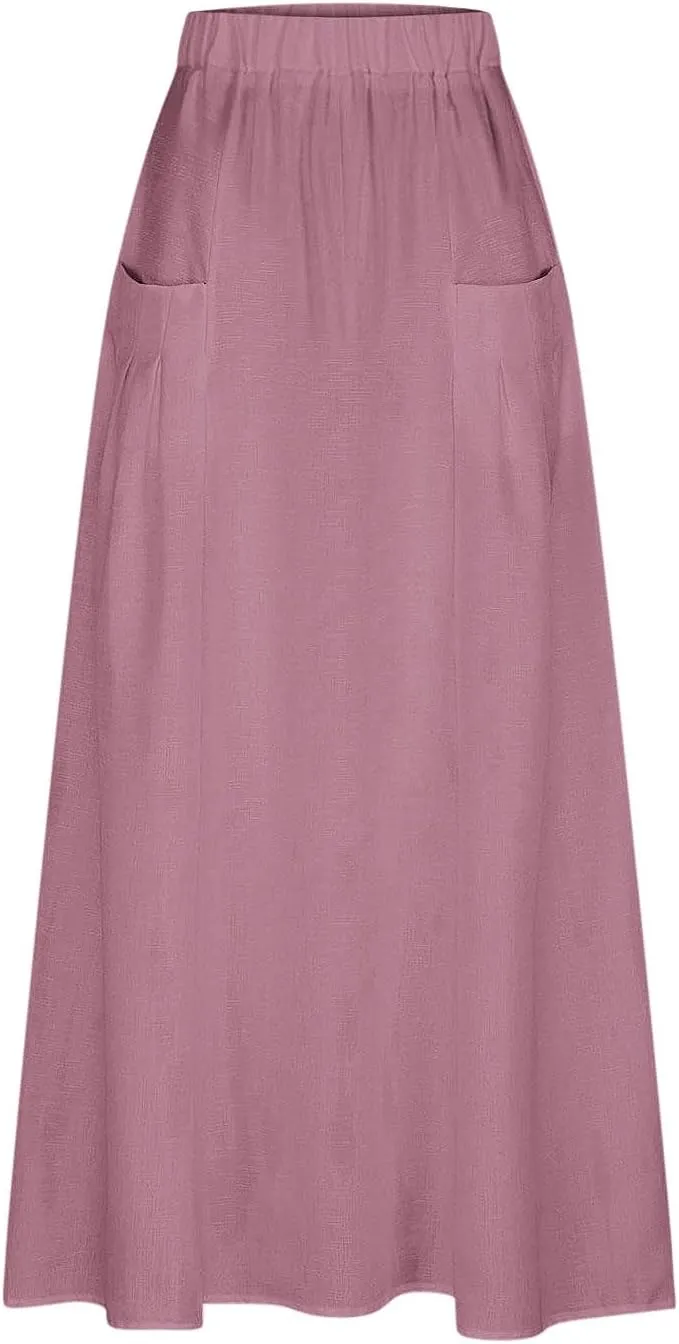 Women Casual Elastic High Waist Long Maxi Skirts Stretch Lightweight Plus Size Knee Length Skirt Summer Beach Dress
