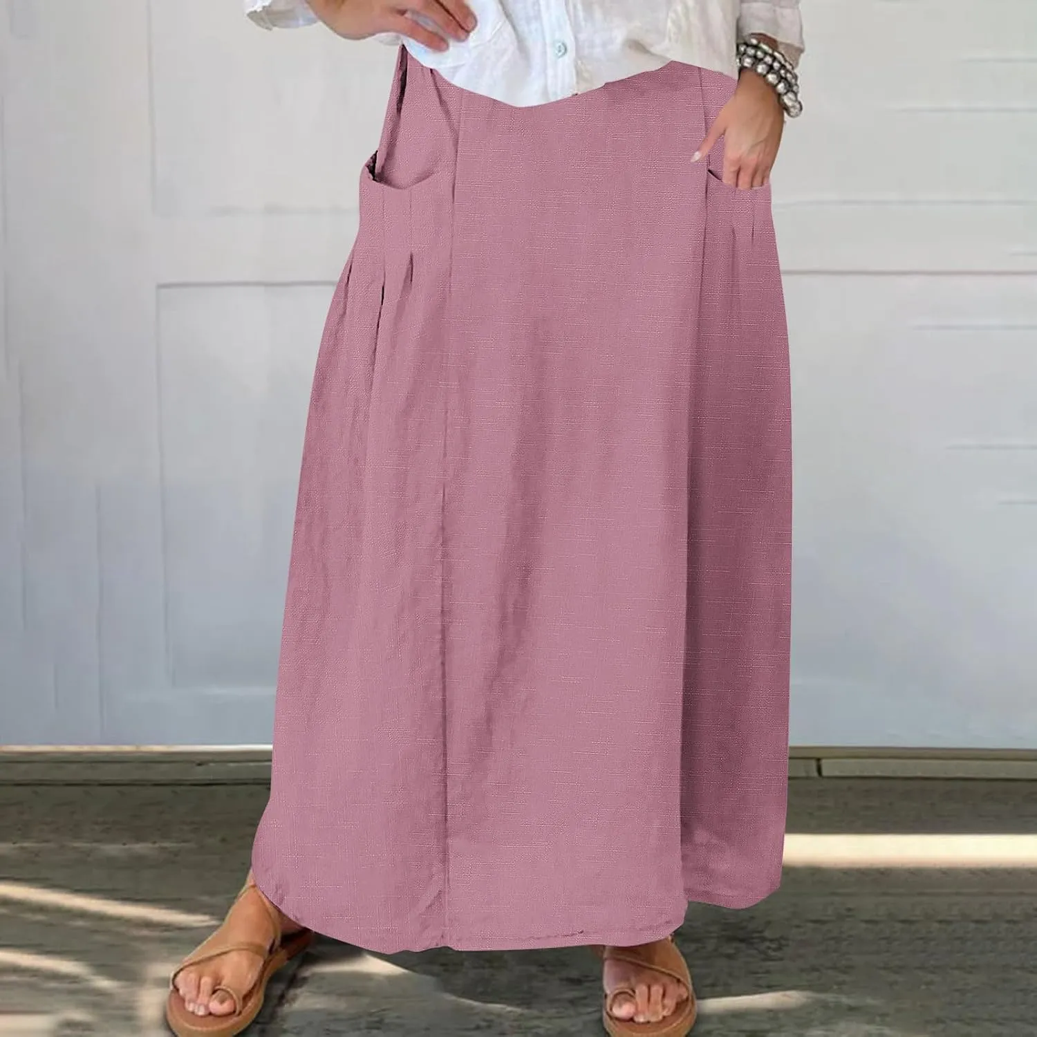 Women Casual Elastic High Waist Long Maxi Skirts Stretch Lightweight Plus Size Knee Length Skirt Summer Beach Dress