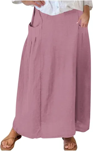 Women Casual Elastic High Waist Long Maxi Skirts Stretch Lightweight Plus Size Knee Length Skirt Summer Beach Dress