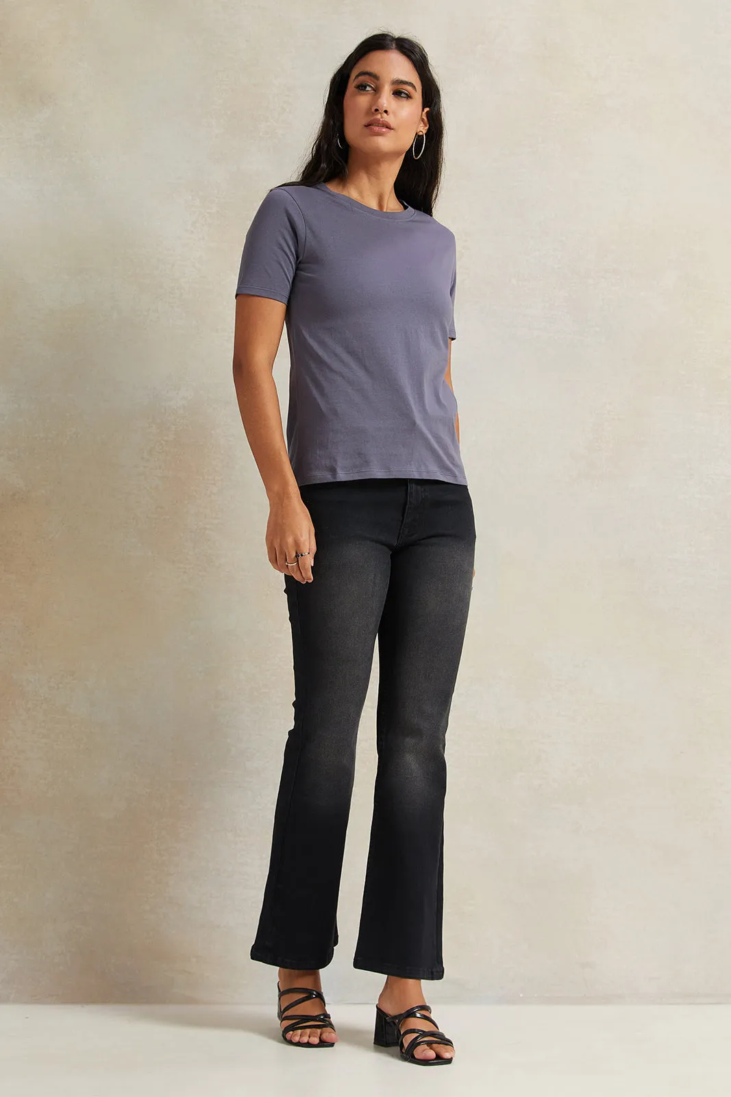 Women Charcoal Crew Neck Basic T-Shirt