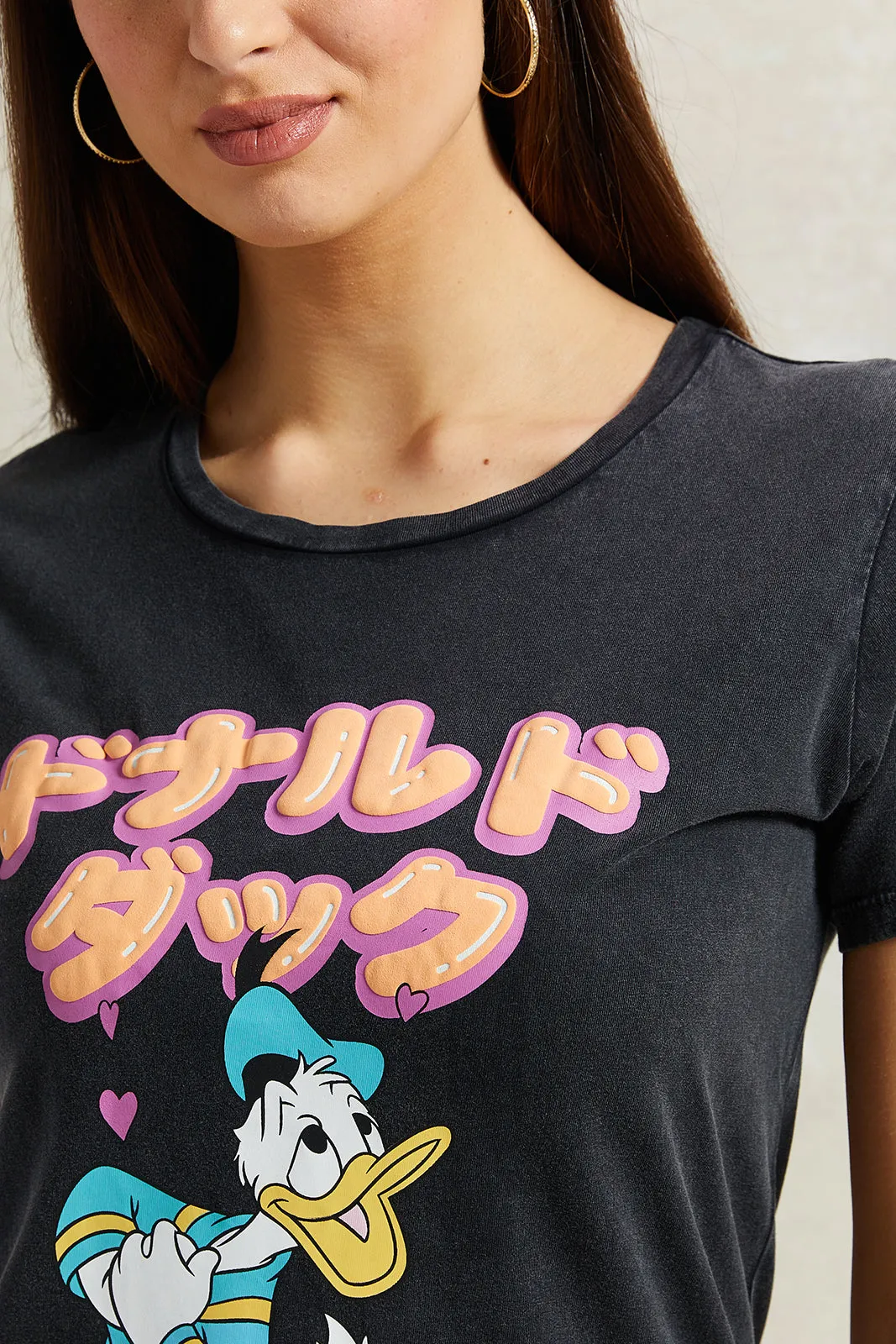 Women Charcoal Donald Duck Printed T-Shirt