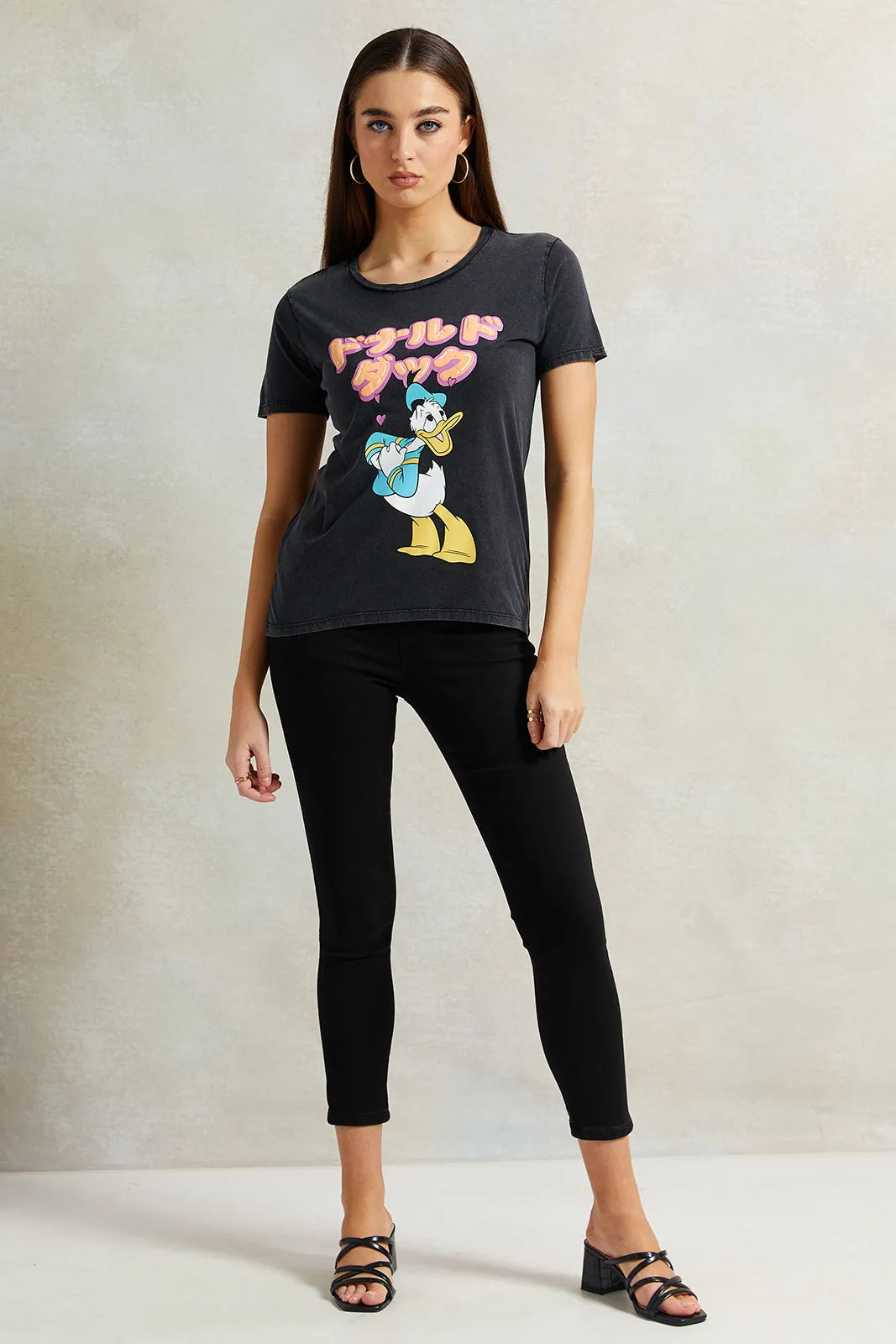 Women Charcoal Donald Duck Printed T-Shirt