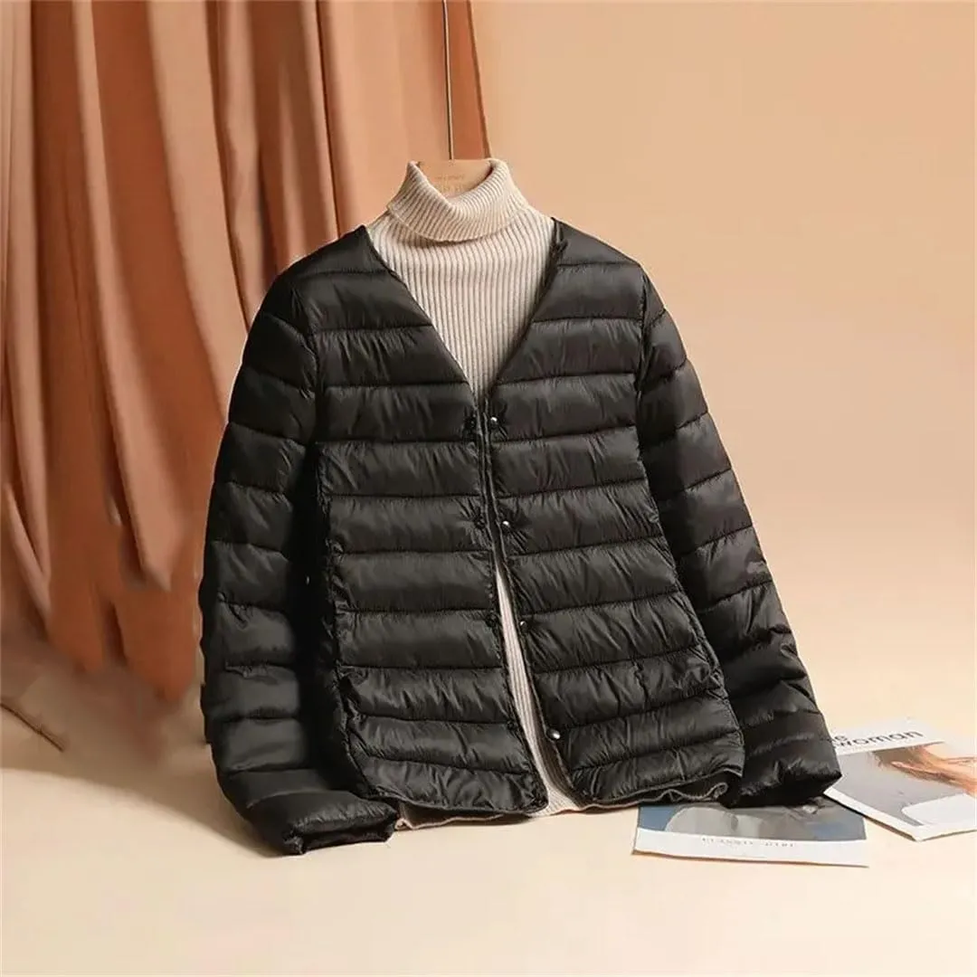 Women Cotton-Padded Clothes Puffer Winter Jackets Collarless Coat Portable Windproof Parkas