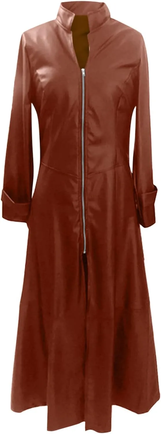 Women Faux Leather Motor Jackets Long Stand Collar Zipper Punk Pleather Dress Coats Windproof Slim Waist Trench Coats
