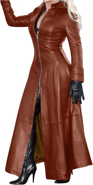Women Faux Leather Motor Jackets Long Stand Collar Zipper Punk Pleather Dress Coats Windproof Slim Waist Trench Coats