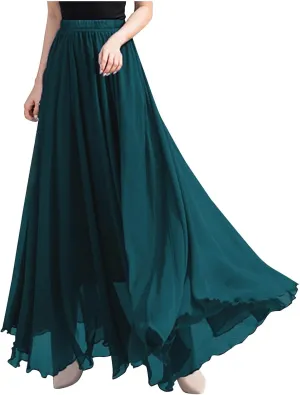 Women High Elastic Waist Pleated Chiffon Skirt Midi Swing A-line Skirts Retro Long Maxi Dress Summer Beach Dresses