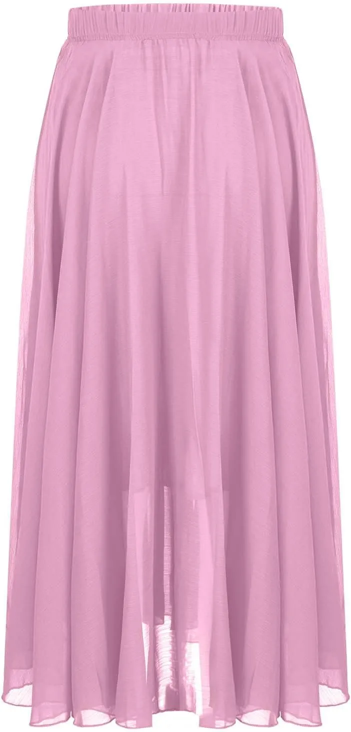 Women High Elastic Waist Pleated Chiffon Skirt Midi Swing A-line Skirts Retro Long Maxi Dress Summer Beach Dresses
