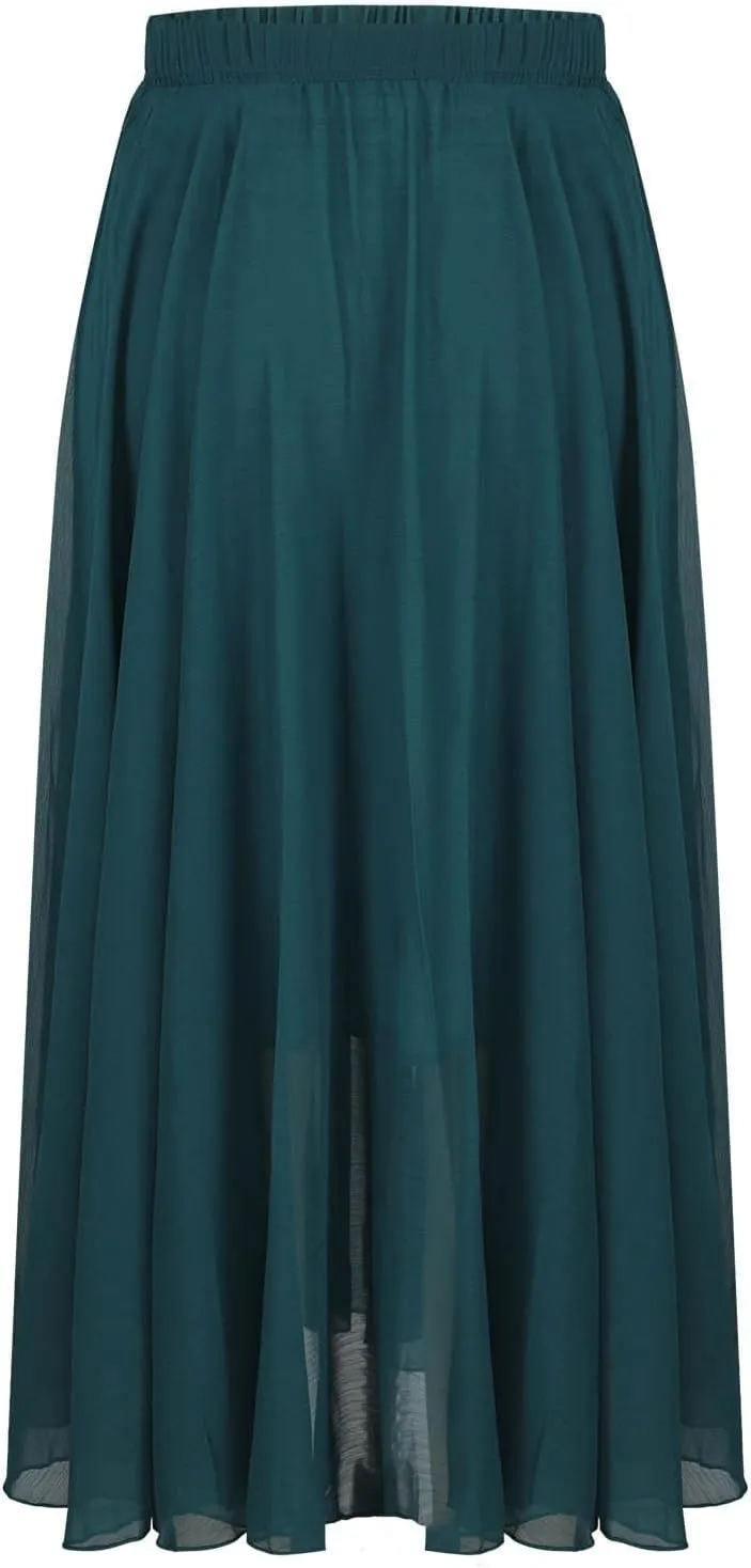 Women High Elastic Waist Pleated Chiffon Skirt Midi Swing A-line Skirts Retro Long Maxi Dress Summer Beach Dresses