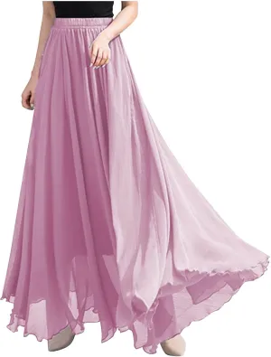 Women High Elastic Waist Pleated Chiffon Skirt Midi Swing A-line Skirts Retro Long Maxi Dress Summer Beach Dresses