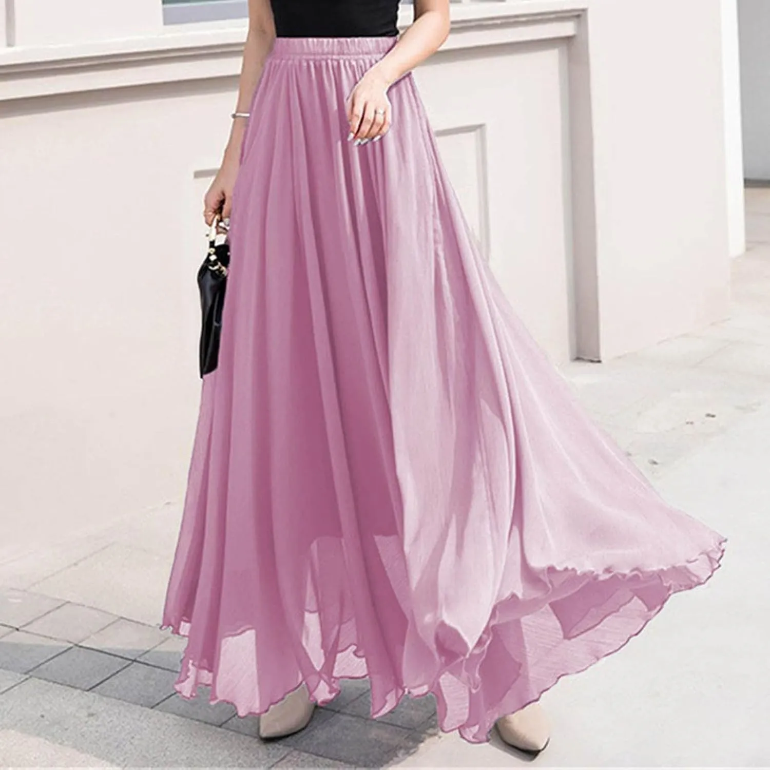 Women High Elastic Waist Pleated Chiffon Skirt Midi Swing A-line Skirts Retro Long Maxi Dress Summer Beach Dresses