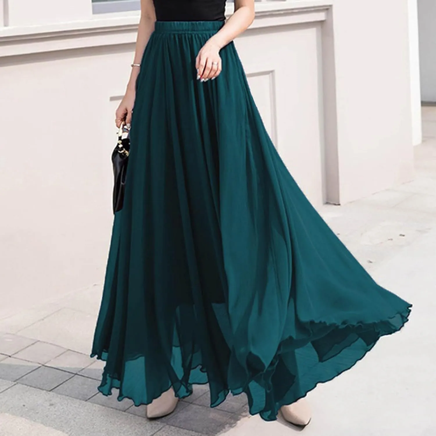 Women High Elastic Waist Pleated Chiffon Skirt Midi Swing A-line Skirts Retro Long Maxi Dress Summer Beach Dresses