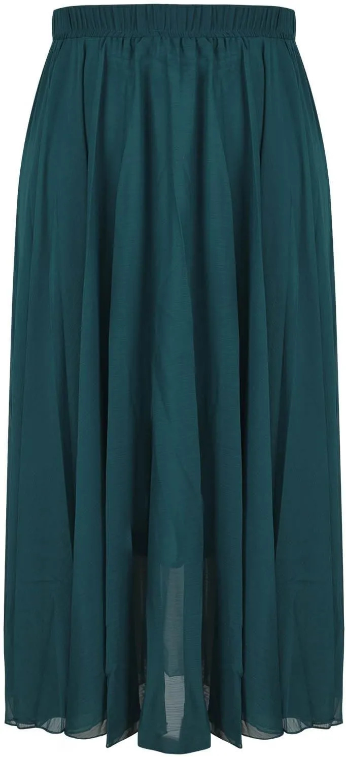 Women High Elastic Waist Pleated Chiffon Skirt Midi Swing A-line Skirts Retro Long Maxi Dress Summer Beach Dresses
