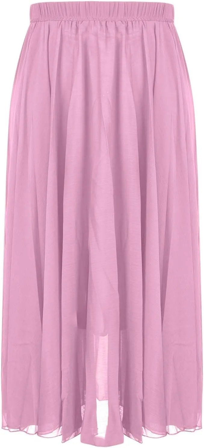 Women High Elastic Waist Pleated Chiffon Skirt Midi Swing A-line Skirts Retro Long Maxi Dress Summer Beach Dresses