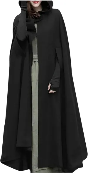 Women Hooded Wool Blend Maxi Long Cape Poncho Maxi Cloak Coat Fall Winter Trench Coat Robe Gothic Plus Size Clothes