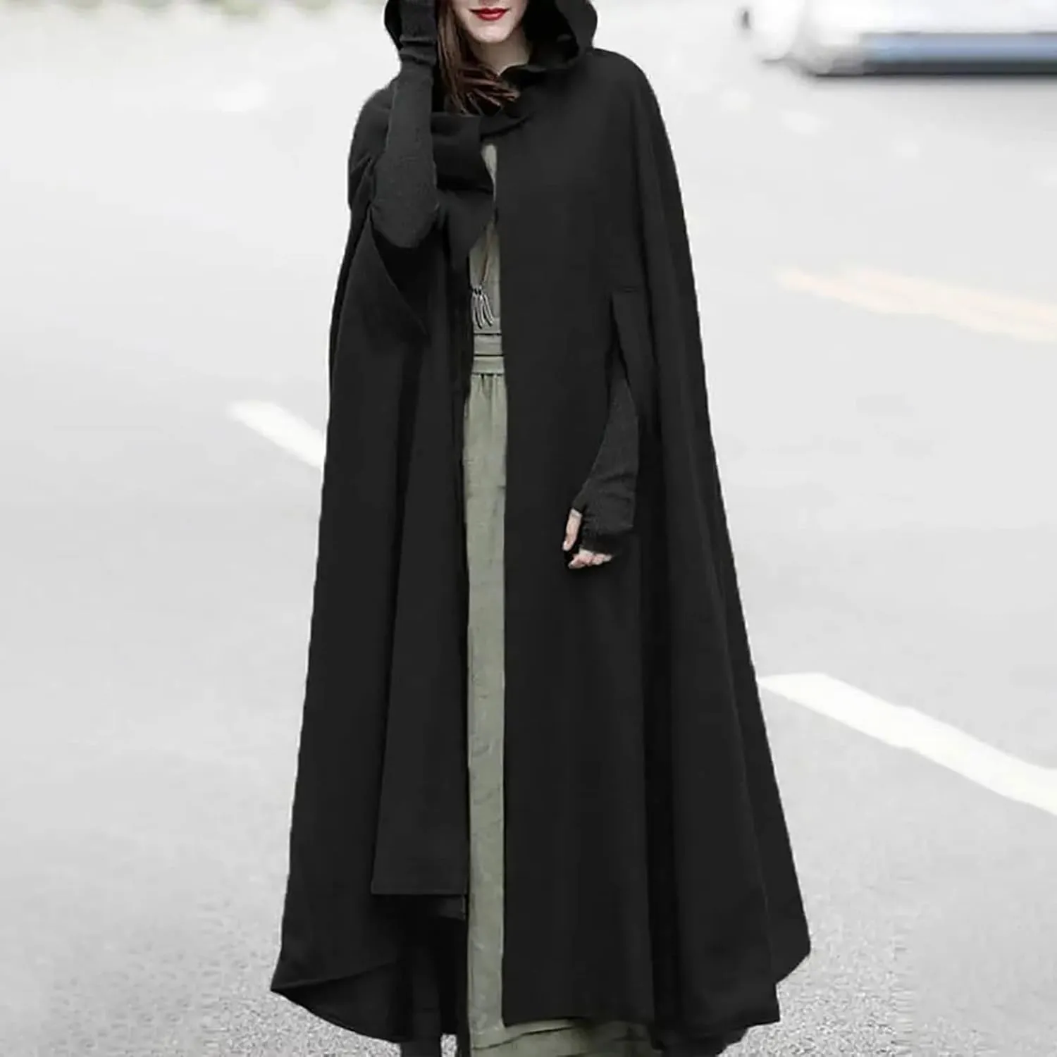 Women Hooded Wool Blend Maxi Long Cape Poncho Maxi Cloak Coat Fall Winter Trench Coat Robe Gothic Plus Size Clothes