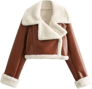 Women Leather Jacket Faux Fur Moto Jacket Thicken Fleece Lined Parka Winter Shearling Fluffy Coat Cropped Bomber Jacket