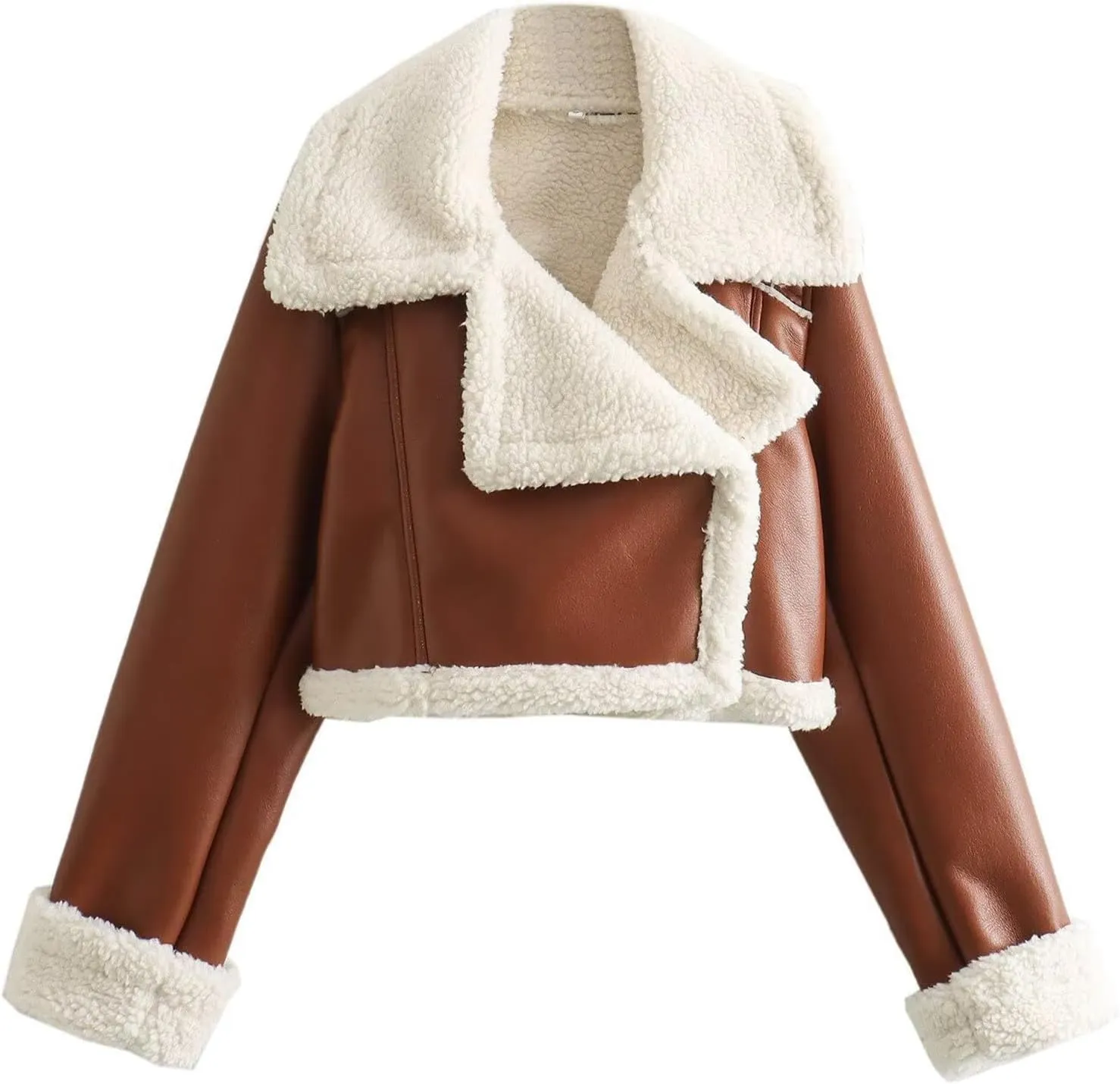 Women Leather Jacket Faux Fur Moto Jacket Thicken Fleece Lined Parka Winter Shearling Fluffy Coat Cropped Bomber Jacket