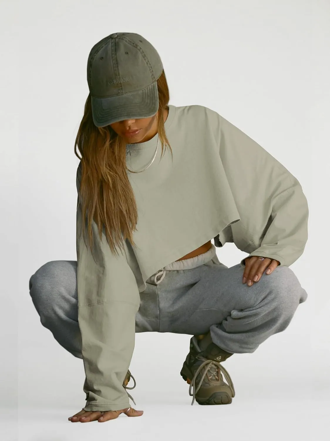 Women Long Sleeve Cropped Sweat Shirts Drop Shoulder Oversized Crewneck Y2k Tees Pullover Tops