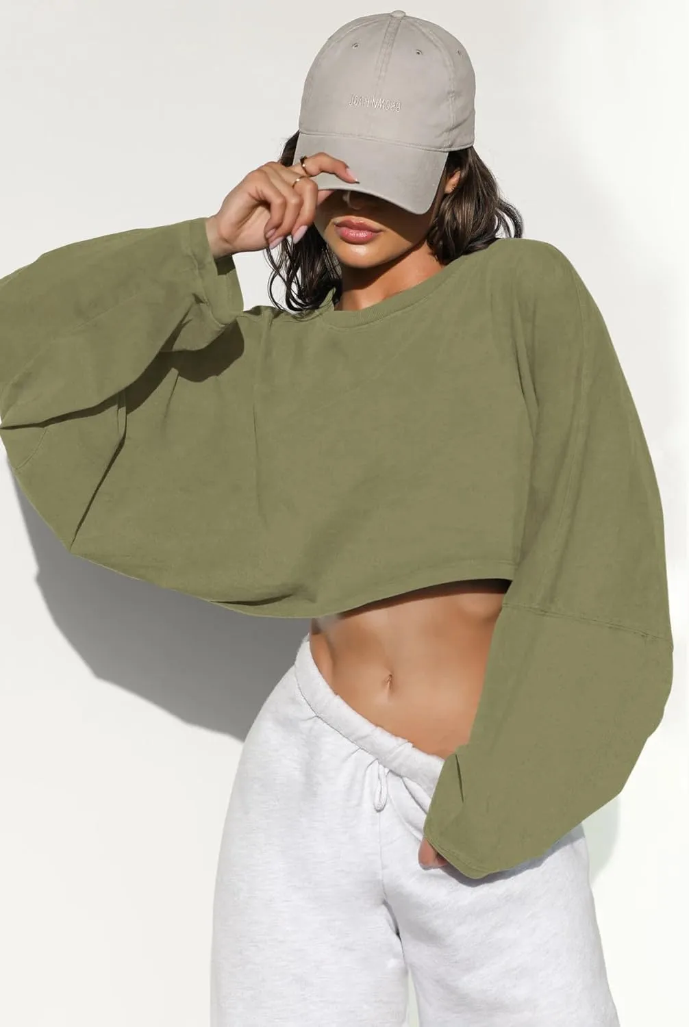 Women Long Sleeve Cropped Sweat Shirts Drop Shoulder Oversized Crewneck Y2k Tees Pullover Tops