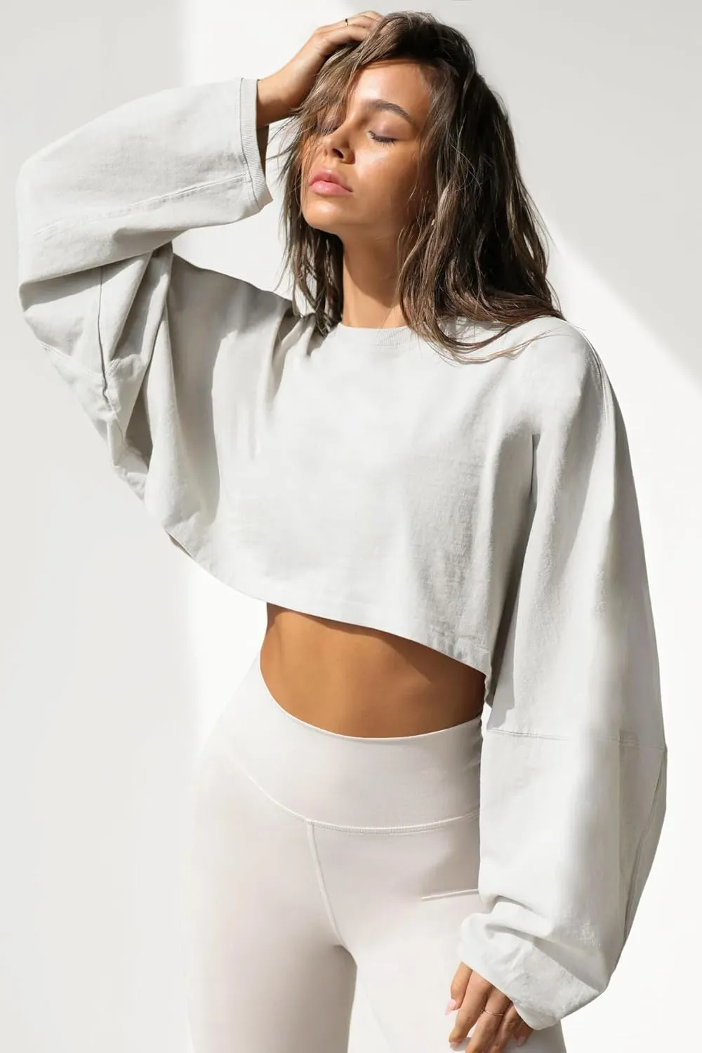 Women Long Sleeve Cropped Sweat Shirts Drop Shoulder Oversized Crewneck Y2k Tees Pullover Tops
