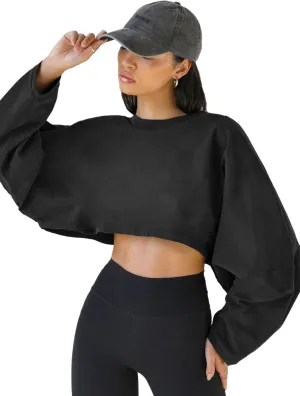 Women Long Sleeve Cropped Sweat Shirts Drop Shoulder Oversized Crewneck Y2k Tees Pullover Tops