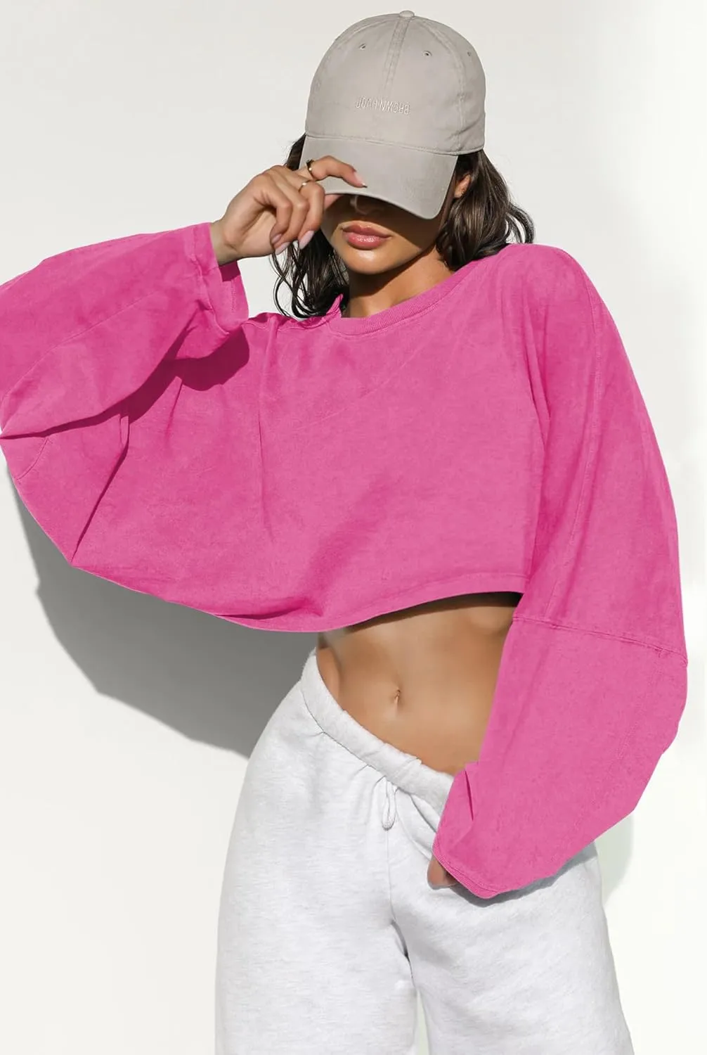 Women Long Sleeve Cropped Sweat Shirts Drop Shoulder Oversized Crewneck Y2k Tees Pullover Tops