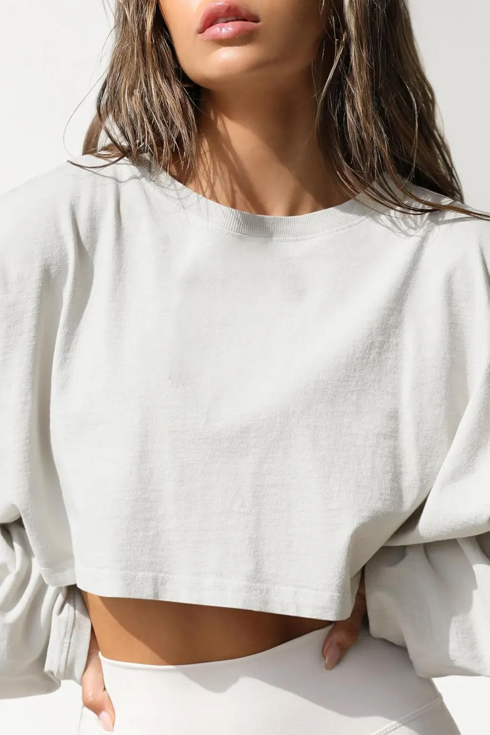 Women Long Sleeve Cropped Sweat Shirts Drop Shoulder Oversized Crewneck Y2k Tees Pullover Tops