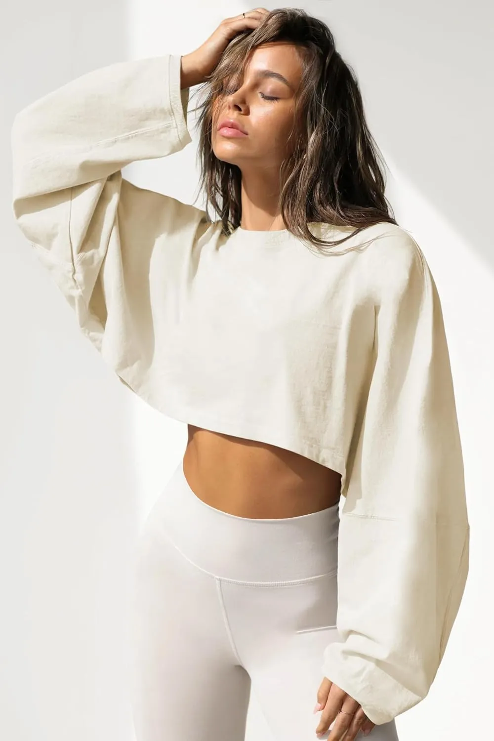 Women Long Sleeve Cropped Sweat Shirts Drop Shoulder Oversized Crewneck Y2k Tees Pullover Tops
