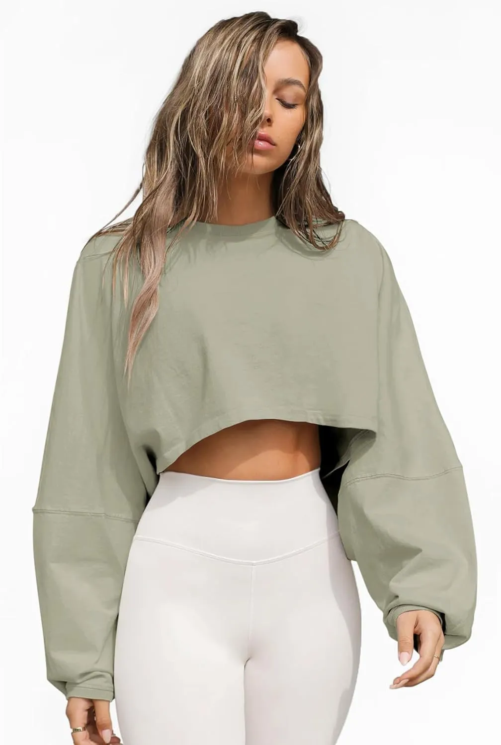 Women Long Sleeve Cropped Sweat Shirts Drop Shoulder Oversized Crewneck Y2k Tees Pullover Tops