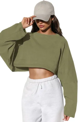 Women Long Sleeve Cropped Sweat Shirts Drop Shoulder Oversized Crewneck Y2k Tees Pullover Tops