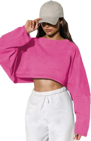 Women Long Sleeve Cropped Sweat Shirts Drop Shoulder Oversized Crewneck Y2k Tees Pullover Tops