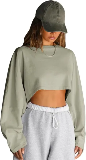 Women Long Sleeve Cropped Sweat Shirts Drop Shoulder Oversized Crewneck Y2k Tees Pullover Tops