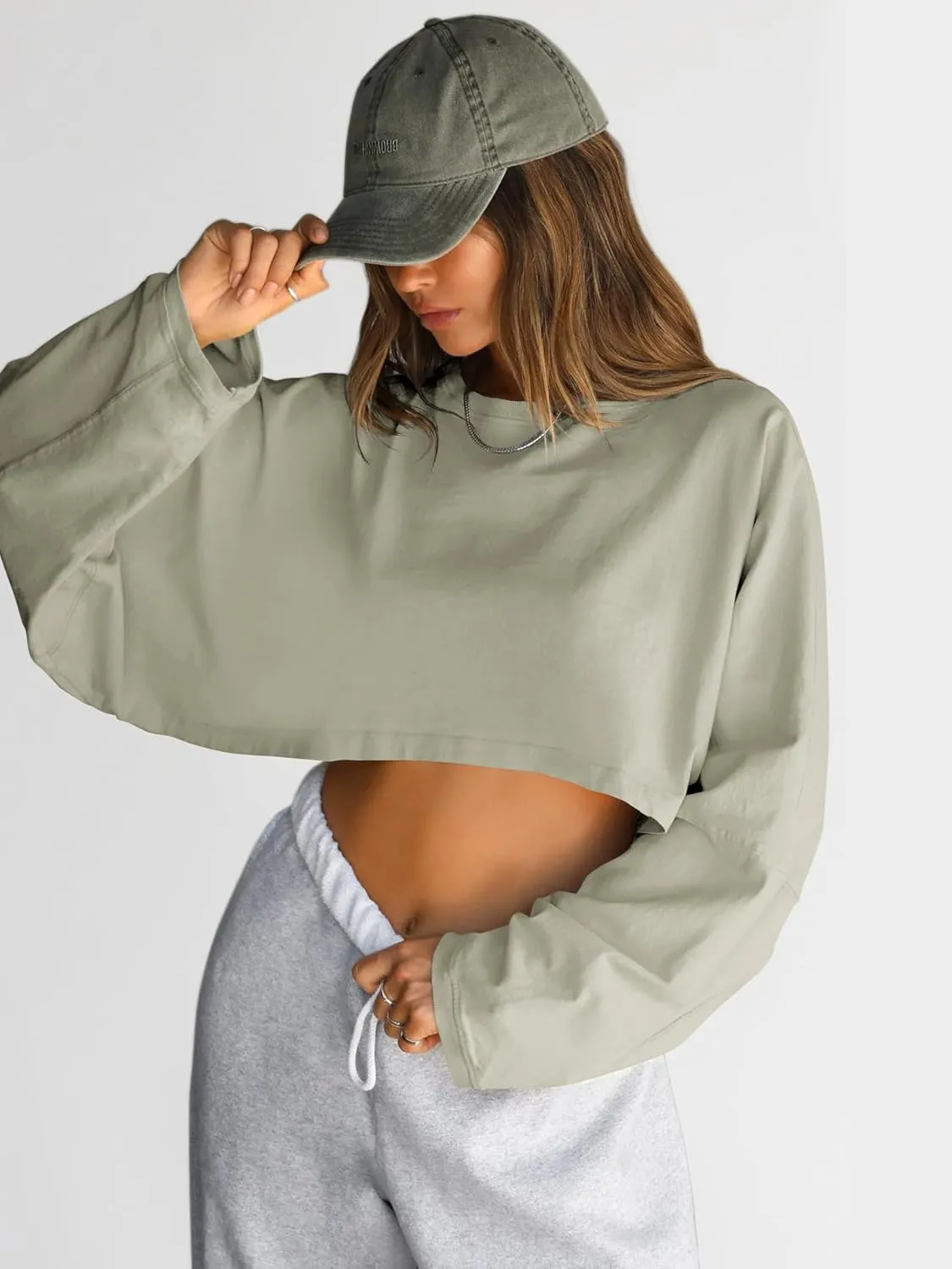 Women Long Sleeve Cropped Sweat Shirts Drop Shoulder Oversized Crewneck Y2k Tees Pullover Tops