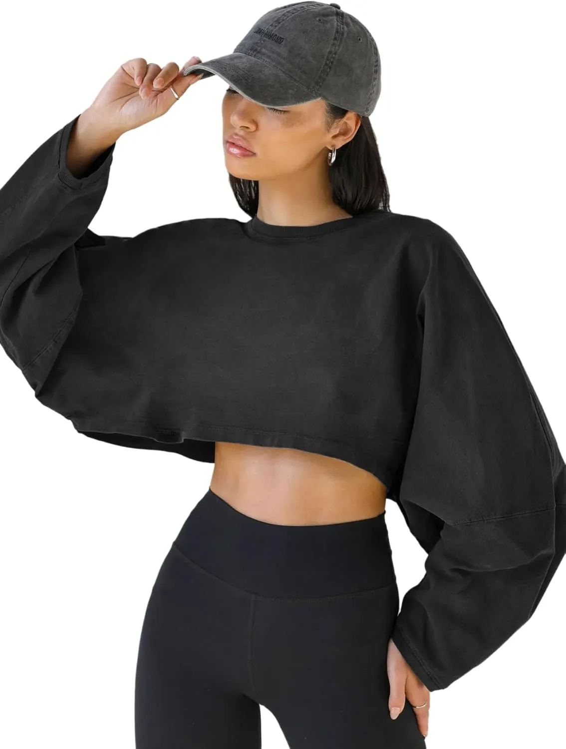 Women Long Sleeve Cropped Sweat Shirts Drop Shoulder Oversized Crewneck Y2k Tees Pullover Tops
