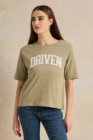 Women Olive Embroidered T-Shirt