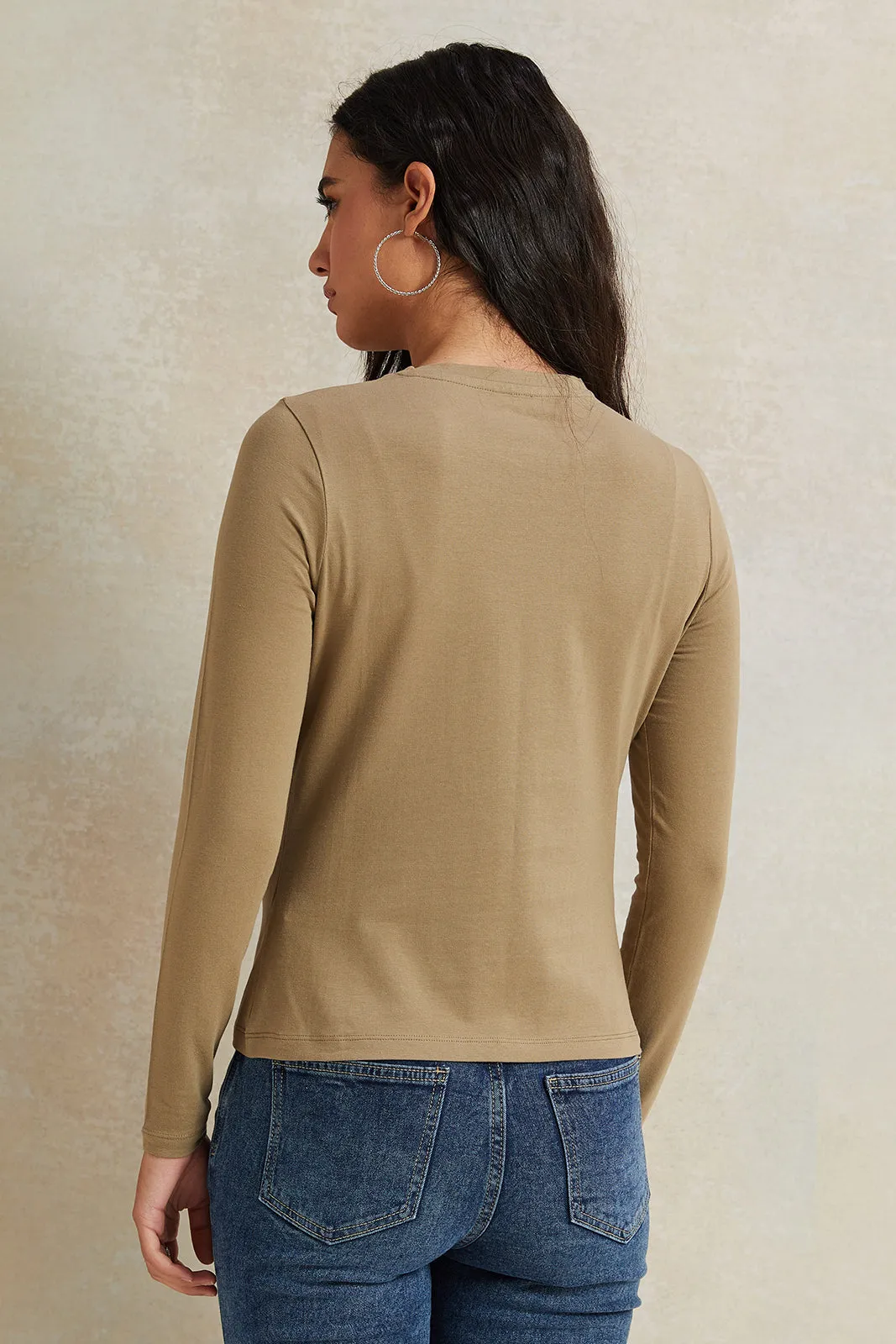 Women Olive Long Sleeve Basic T-Shirt