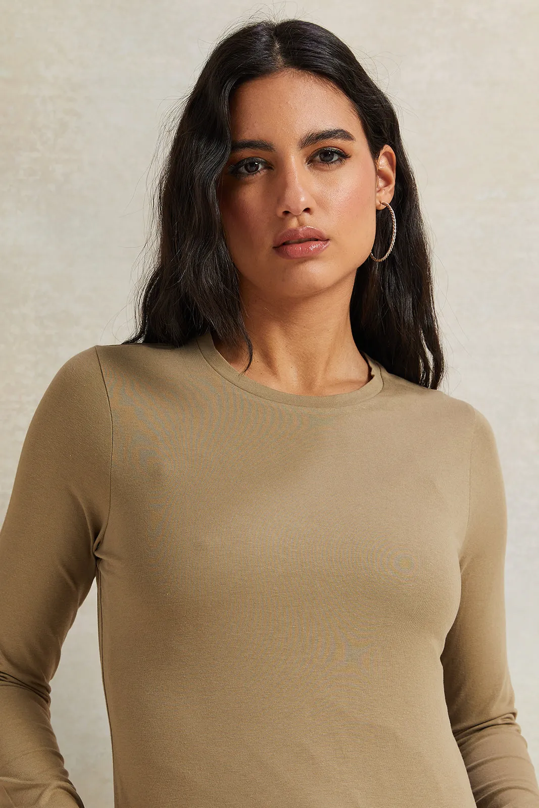 Women Olive Long Sleeve Basic T-Shirt