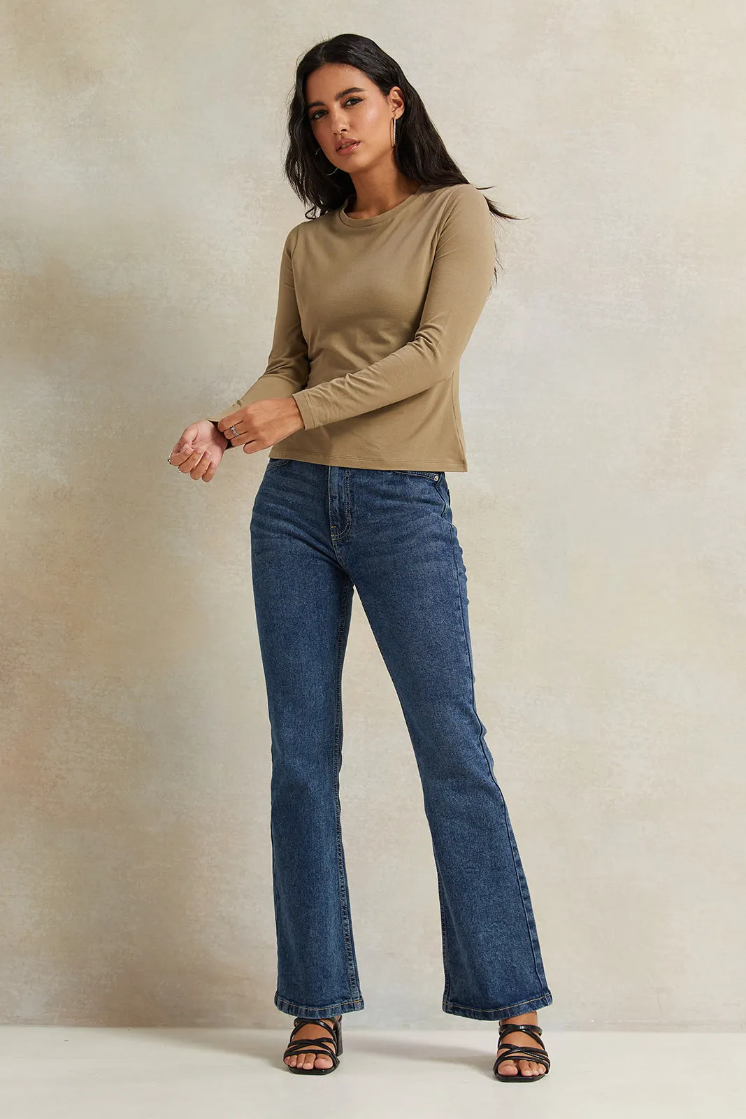 Women Olive Long Sleeve Basic T-Shirt