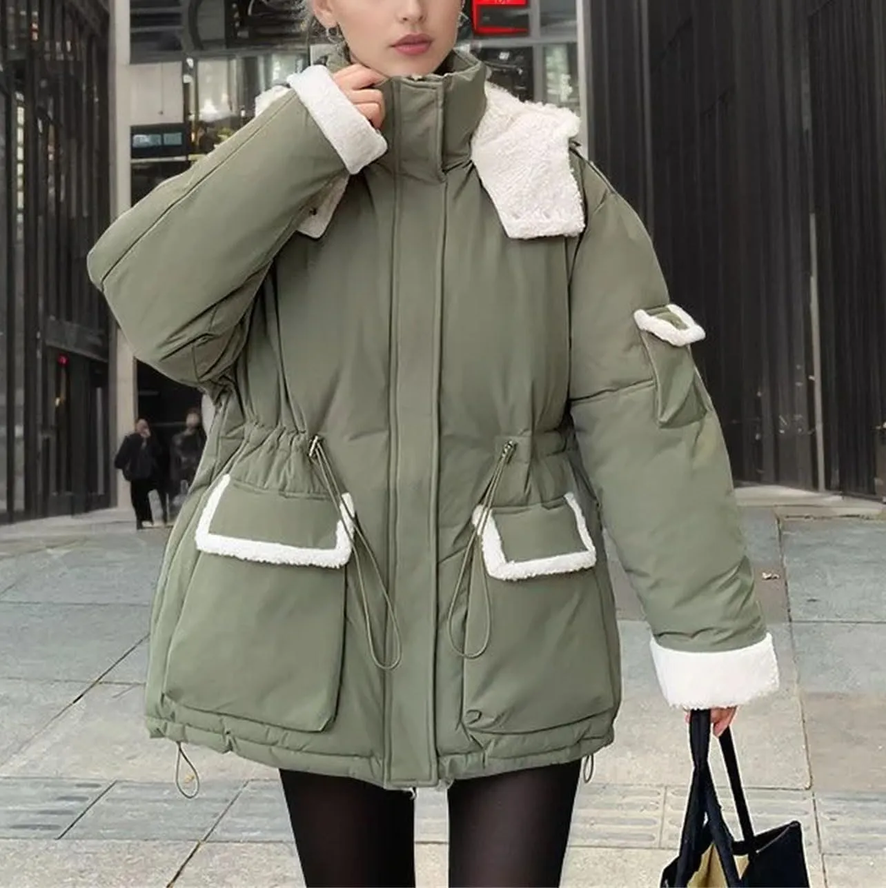 Women Patchwork Contrast Zipper Parkas Coats Vintage Pocket Hooded Cotton-Padded Jacket