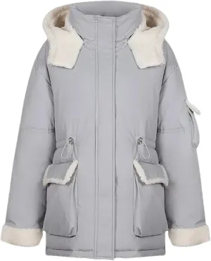 Women Patchwork Contrast Zipper Parkas Coats Vintage Pocket Hooded Cotton-Padded Jacket