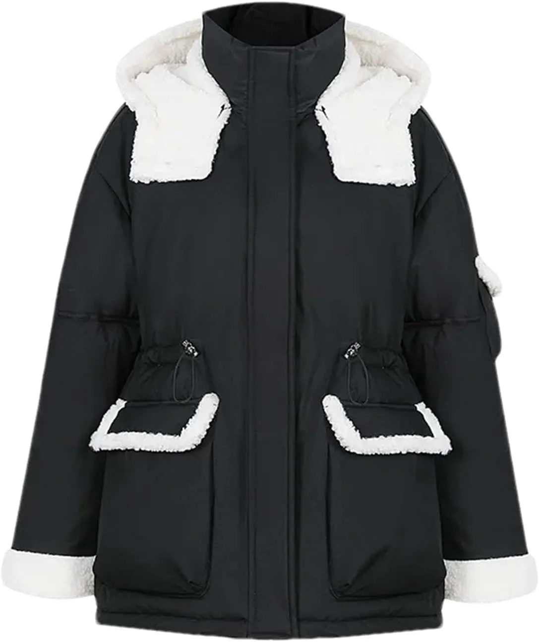 Women Patchwork Contrast Zipper Parkas Coats Vintage Pocket Hooded Cotton-Padded Jacket