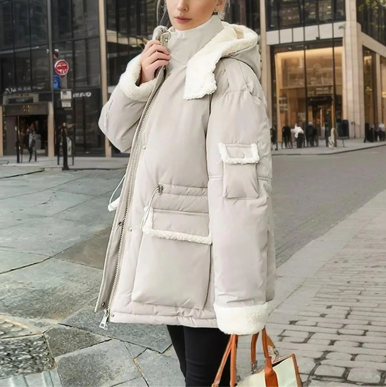 Women Patchwork Contrast Zipper Parkas Coats Vintage Pocket Hooded Cotton-Padded Jacket