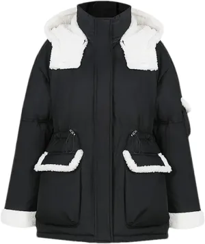 Women Patchwork Contrast Zipper Parkas Coats Vintage Pocket Hooded Cotton-Padded Jacket