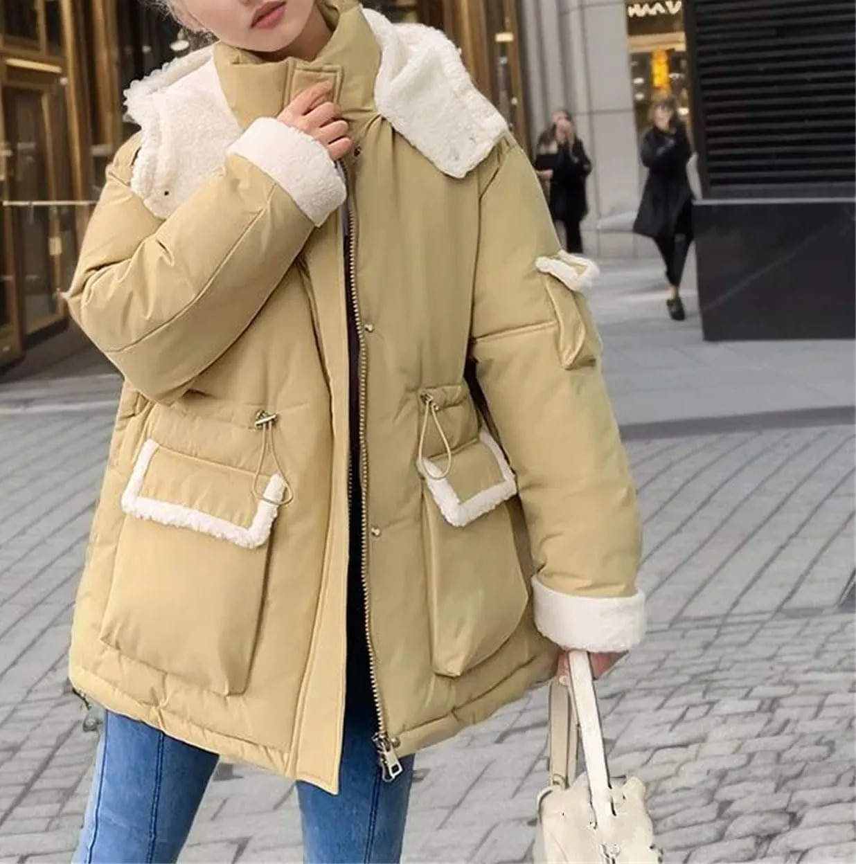 Women Patchwork Contrast Zipper Parkas Coats Vintage Pocket Hooded Cotton-Padded Jacket