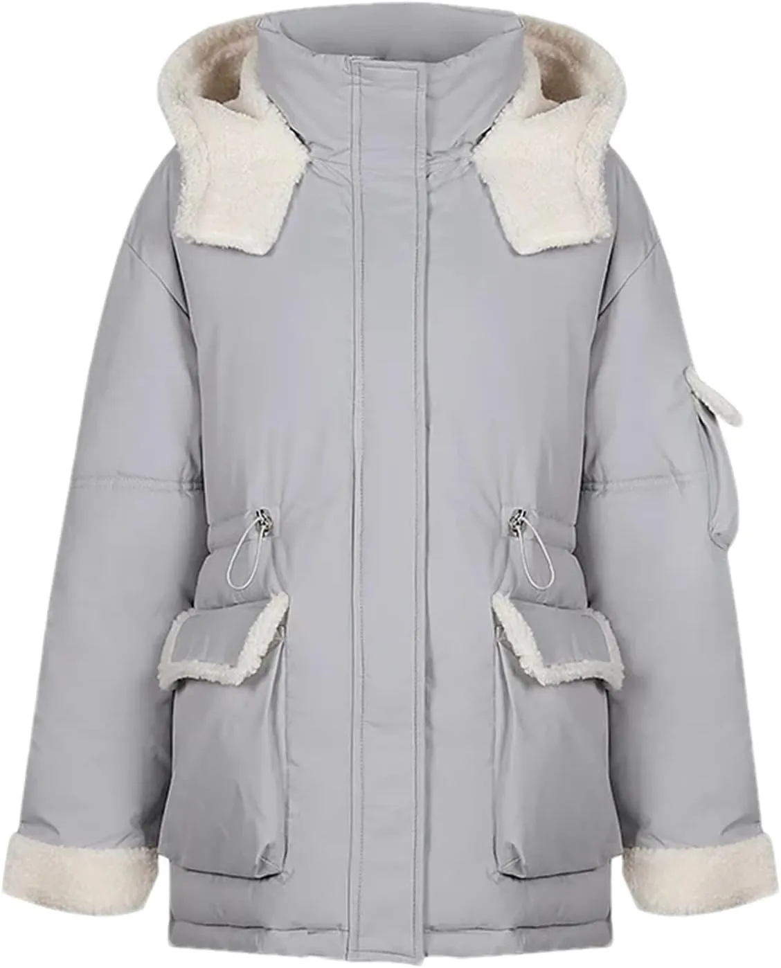 Women Patchwork Contrast Zipper Parkas Coats Vintage Pocket Hooded Cotton-Padded Jacket