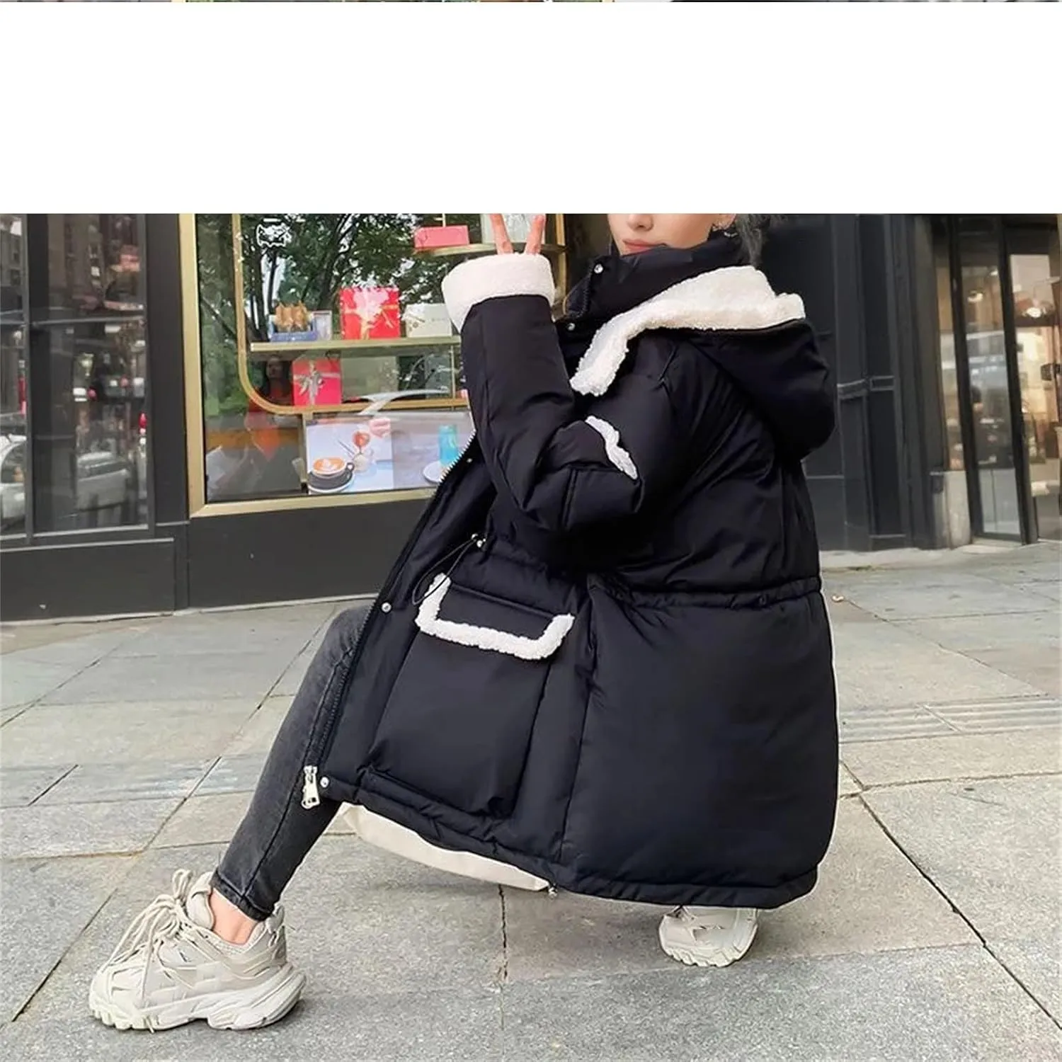 Women Patchwork Contrast Zipper Parkas Coats Vintage Pocket Hooded Cotton-Padded Jacket