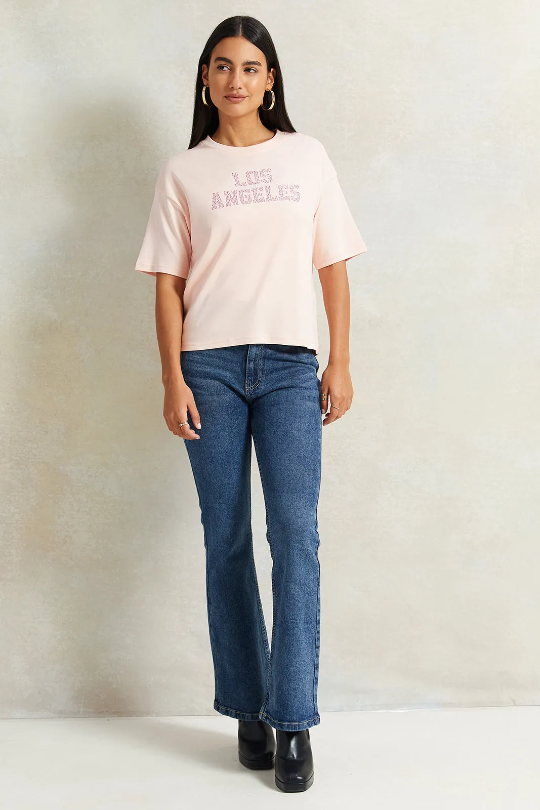 Women Pink Embellished Boxy T-Shirt