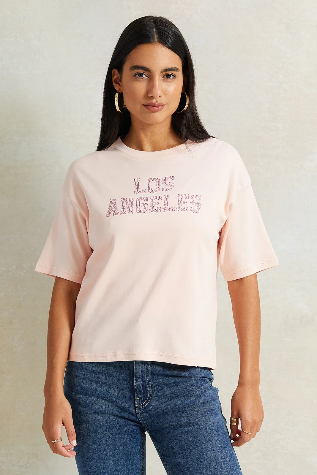 Women Pink Embellished Boxy T-Shirt