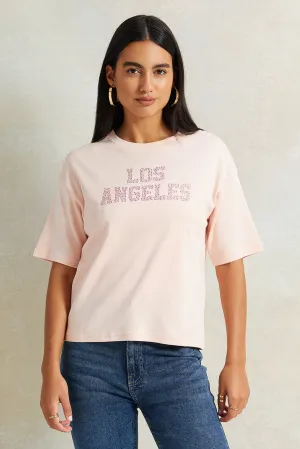 Women Pink Embellished Boxy T-Shirt